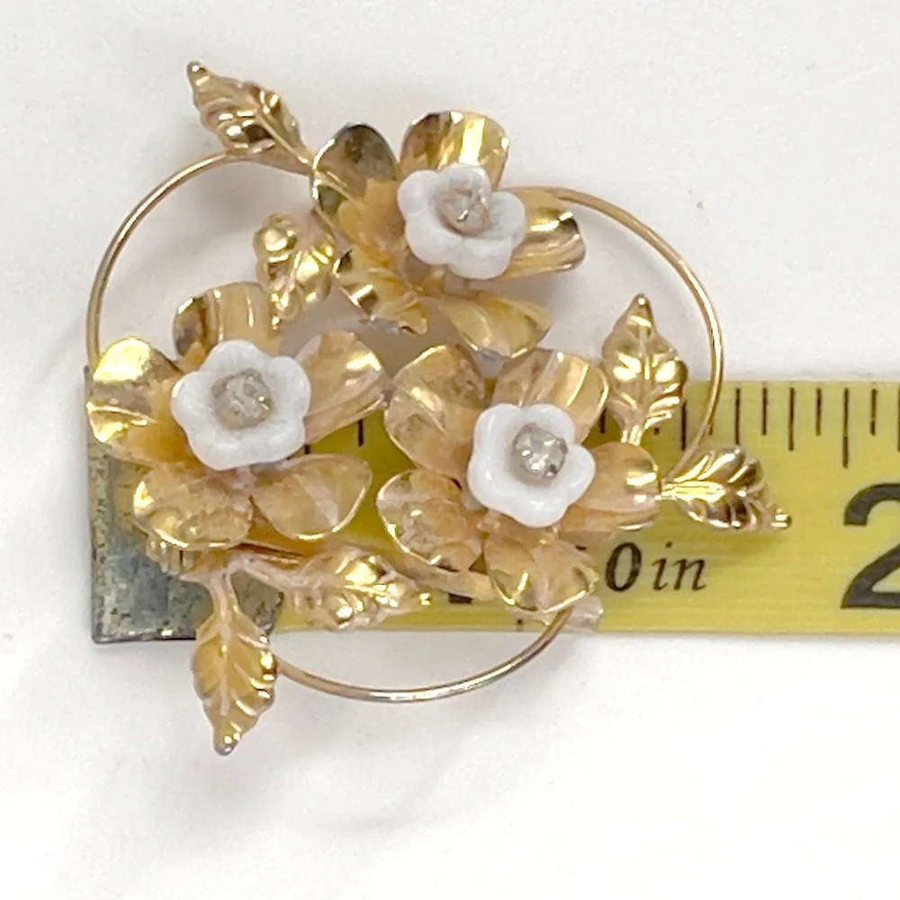 Vintage Made in Austria Gold Floral Brooch White Enamel Rhinestone Pin MCM